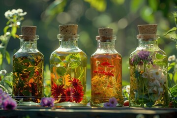 Fototapete - Various types of flowers in bottles, ideal for botanical themes