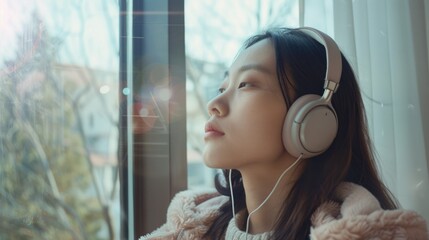 Wall Mural - A girl wearing headphones looking out a window. Suitable for music or relaxation concepts