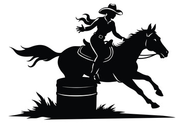 A vector silhouette of a rodeo cowgirl barrel racing design