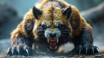 Poster - Close-up image of a brown and black bear with its mouth open. Suitable for wildlife and animal themes