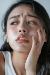 Poster - A woman holding her hand to her face. Suitable for various concepts and designs