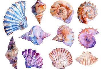 Poster - Colorful seashells painted in watercolor, perfect for beach-themed designs