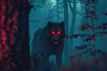 A black wolf with red eyes walking through a forest. Suitable for nature and wildlife themes