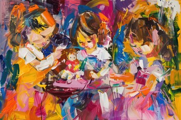 Poster - A painting of three children playing with dolls. Suitable for children's books or educational materials