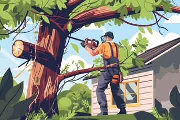 Poster - A man using a chainsaw to cut down a tree. Suitable for forestry and lumber industry concepts