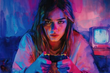 Poster - A woman engrossed in playing a video game. Suitable for gaming websites