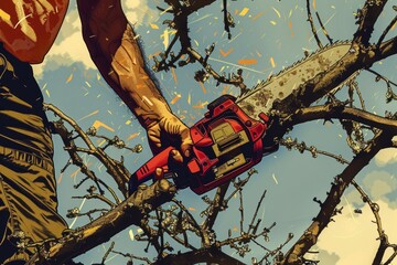 Poster - A man using a chainsaw to cut down a tree. Suitable for forestry or lumber industry concepts
