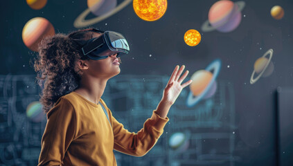 Wall Mural - A high school student wearing VR glasses is standing in the classroom, with an outer space scene floating above her head and planets flying around