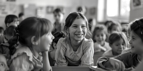 Poster - Group of children sitting at desks in a classroom. Suitable for educational concepts