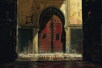 Poster - A red door in an old building with a checkered floor. Suitable for architectural and interior design concepts