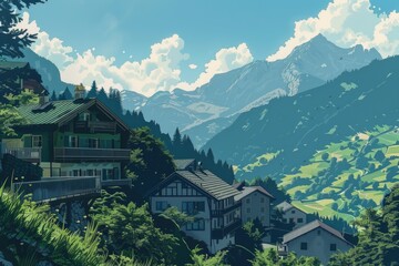 Poster - A picturesque painting of a house nestled in the mountains, perfect for nature lovers