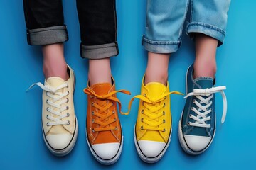 Poster - Three pairs of sneakers in vibrant colors against a blue backdrop. Ideal for sports and fashion related projects