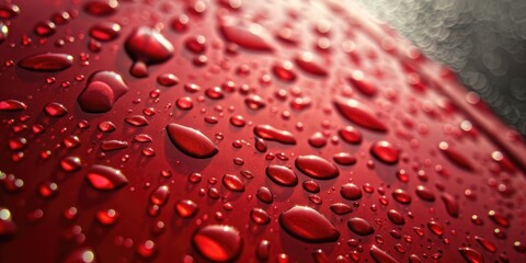Poster - Close up of water droplets on a red surface, perfect for backgrounds