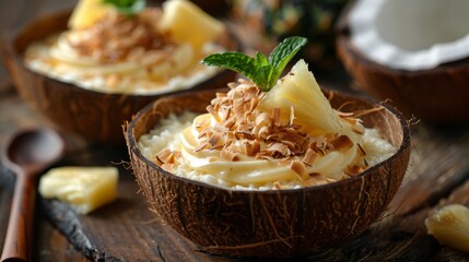 Poster - tropical coconut pudding, coconut pudding with toasted flakes pineapple in a coconut shell bowl is a refreshing tropical summer dessert