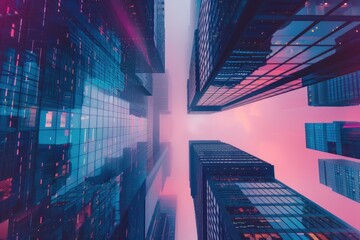 Poster - Cityscape with tall buildings under a pink sky, ideal for urban themes and city backgrounds