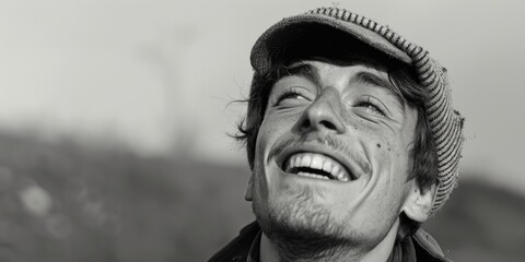 Aufkleber - A black and white photo of a smiling man. Suitable for a variety of projects