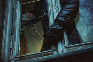 Poster - Person in black jacket looking out of a broken window. Suitable for various concepts and themes