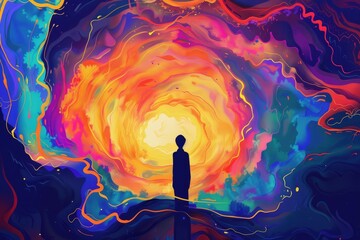 Poster - A man standing in front of a colorful swirling background. Suitable for abstract concepts