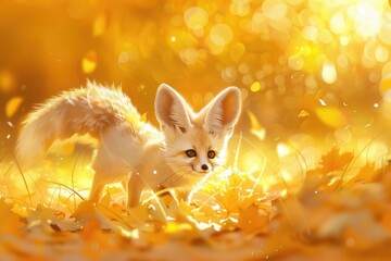 Wall Mural - A small white fox standing on a pile of leaves. Suitable for nature and wildlife themes