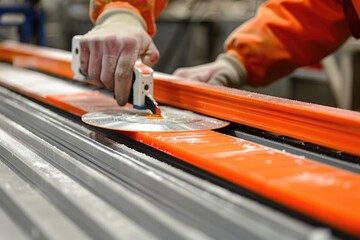 Poster - Person in an orange jacket working on a piece of metal, suitable for industrial or construction concepts