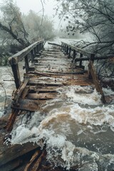 Poster - A wooden bridge over a river on a foggy day. Suitable for nature and outdoor concepts