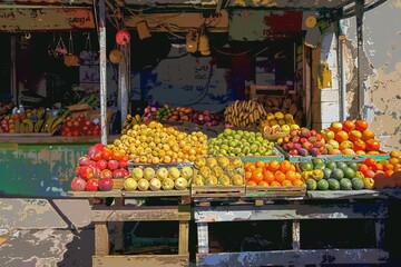 Wall Mural - A colorful display of various fruits at a market. Ideal for food and health-related projects