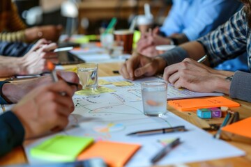 Poster - A group of people gathered around a wooden table. Suitable for various business or social concepts