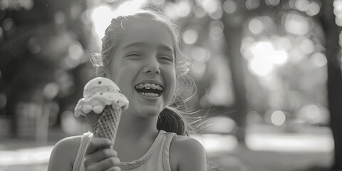 Canvas Print - A young girl holding a delicious ice cream cone, perfect for summer treats