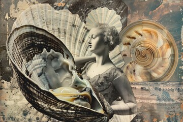 Poster - A woman holding a shell in a wicker basket. Suitable for beach-themed designs