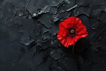 Poster - A striking image of a single red flower against a dark black background. Perfect for adding a pop of color to any design