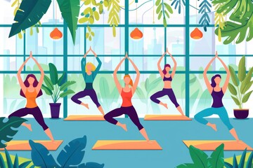 Wall Mural - Group of people practicing yoga in a room. Suitable for health and wellness concepts
