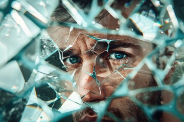 Aufkleber - A man peering through shattered glass, suitable for crime or security concepts