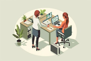 Poster - Two individuals sitting at a desk using laptops. Suitable for business and technology concepts