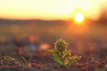 Aufkleber - A small plant standing in a field at sunset. Suitable for nature and landscape themes