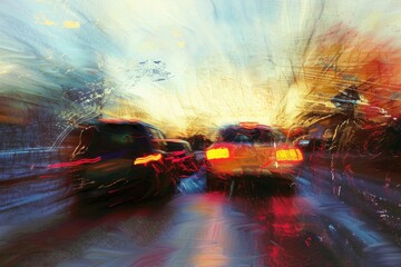 Poster - Blurry image of car driving down street, suitable for motion concepts