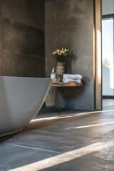 Poster - A white bath tub sitting next to a window. Suitable for home improvement and interior design concepts