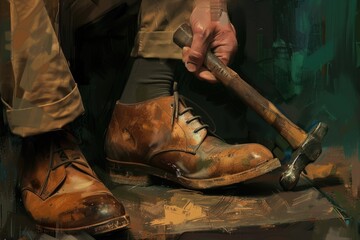 Poster - A man holding a hammer next to a pair of shoes. Perfect for construction or DIY projects