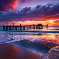 Sunset or sunrise landscape, panorama of beautiful nature, beach with colorful red, orange and purple clouds reflected in the ocean water