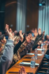 Poster - A group of people sitting at a long table with their hands in the air. Suitable for business or team building concepts