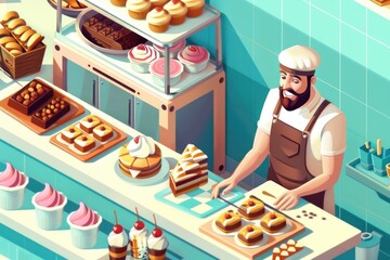 Poster - A man standing in front of a counter filled with delicious pastries. Perfect for bakery or cafe promotions
