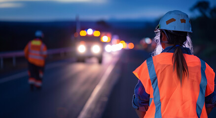 1 male man road worker in safety orange high vis hardhat working on city roadwork highway roads cars an night with light for contractor workforce work construction jobs workforce supervisor freeway