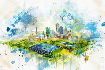 Poster - Cityscape with a solar panel, suitable for environmental concepts
