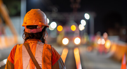 1 female woman road worker in safety orange high vis hardhat working on train tack railway trains with night lights for contractor work construction site jobs workforce civil engineer copy space