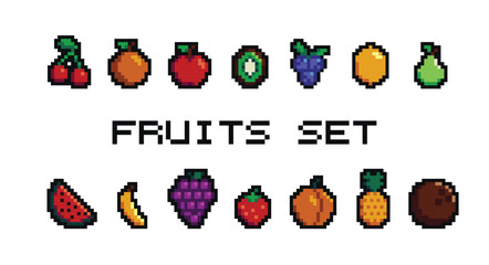 Retro pixel art food isolated icons with 8bit pixel fruits and vegetables. Vintage 8 bit console game asset, computer arcade vector items set with berries and exotic fruits