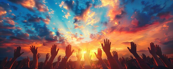 People from different religions and cultures joining hands in prayer under a vibrant sky