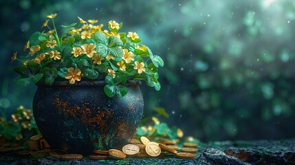 Wall Mural - Black Pot Full of Gold Coins and Shamrock Leaves