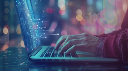 Fototapete - A business professional working on a laptop, with a machine learning algorithm interface displaying customer segmentation data, graphs, and insights, with blank space for text or graphics