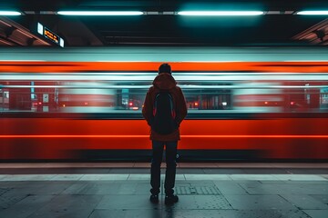 Solitary Man Waits on Subway Platform as Train Speeds By in Moody Urban Scene