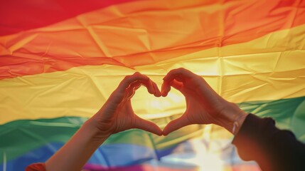 Hands forming a heart shape in front of a rainbow flag, symbolizing love and pride.