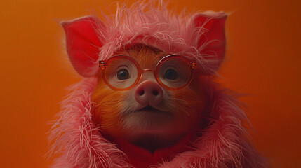 Wall Mural -   A pig wearing glasses, pink coat, and fur coat headband